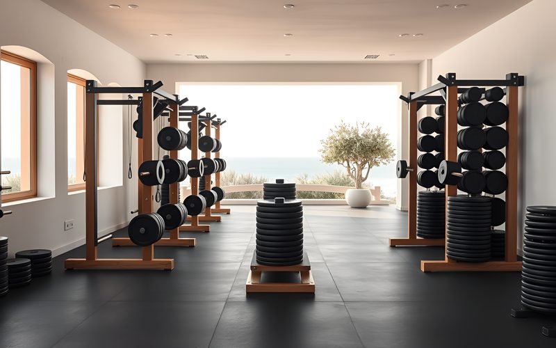 Sala de fuerza con racks de roble y ventanales al mar
