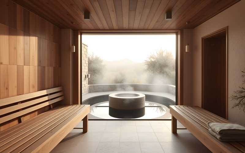 Sauna de cedro con ventanal a un baño frío de piedra