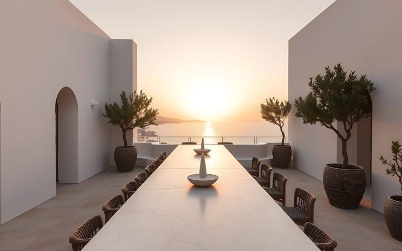 Terraza con barra de travertino frente al mar al atardecer